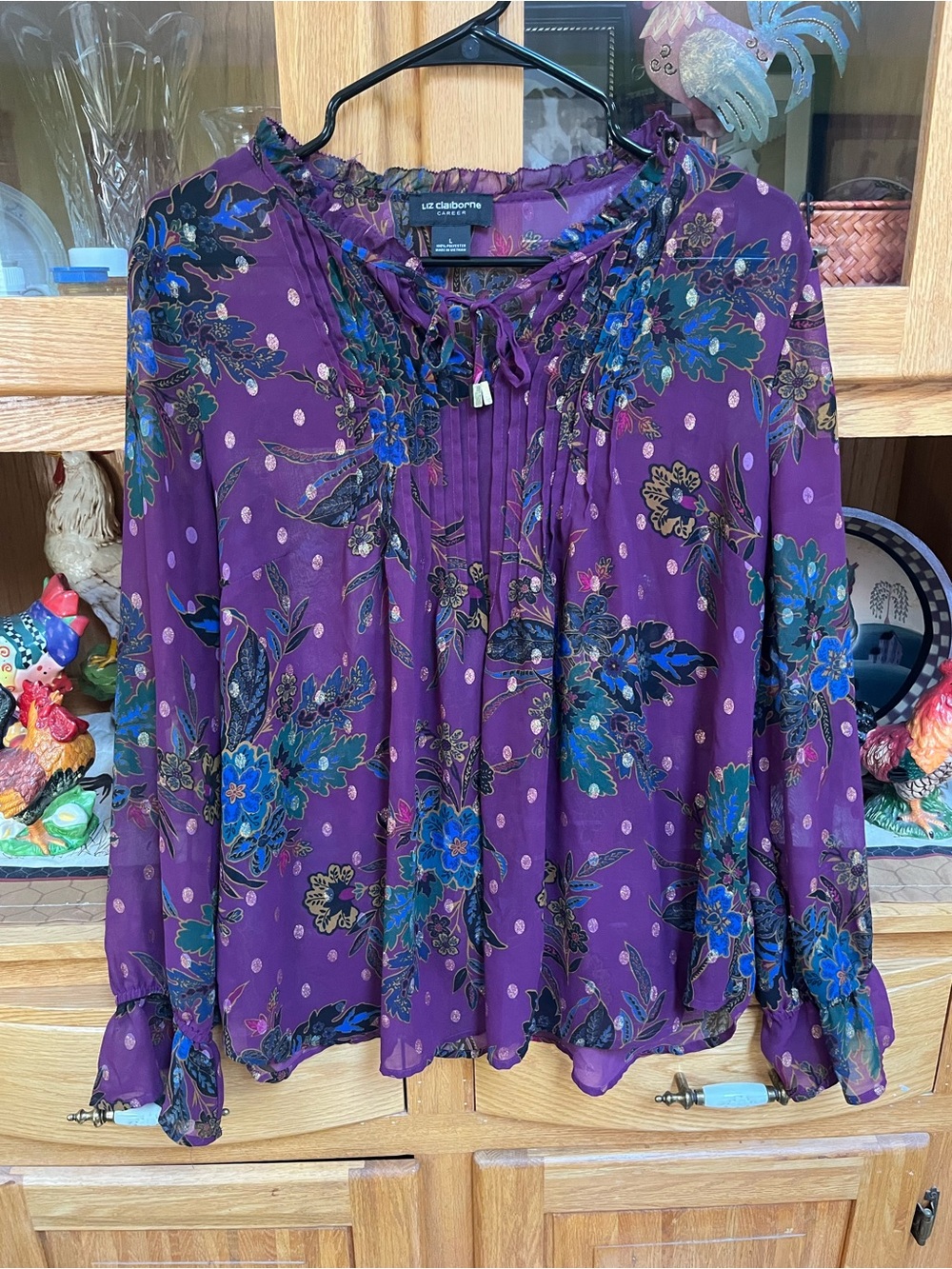 Liz Claiborne Purple Floral Tie-Neck Peasant sheer Blouse size large